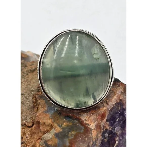 925 Sterling Silver Plt Prehnite Size 8.25 Bezel Setting Fine Jewelry - Picture 1 of 6